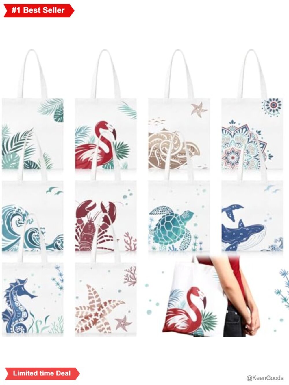 Canvas Tote Bags 10 Pc Reusable Beach Grocery Travel Set